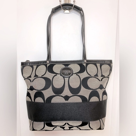 Coach Handbags - Coach Canvas Signature Stripe Tote Bag